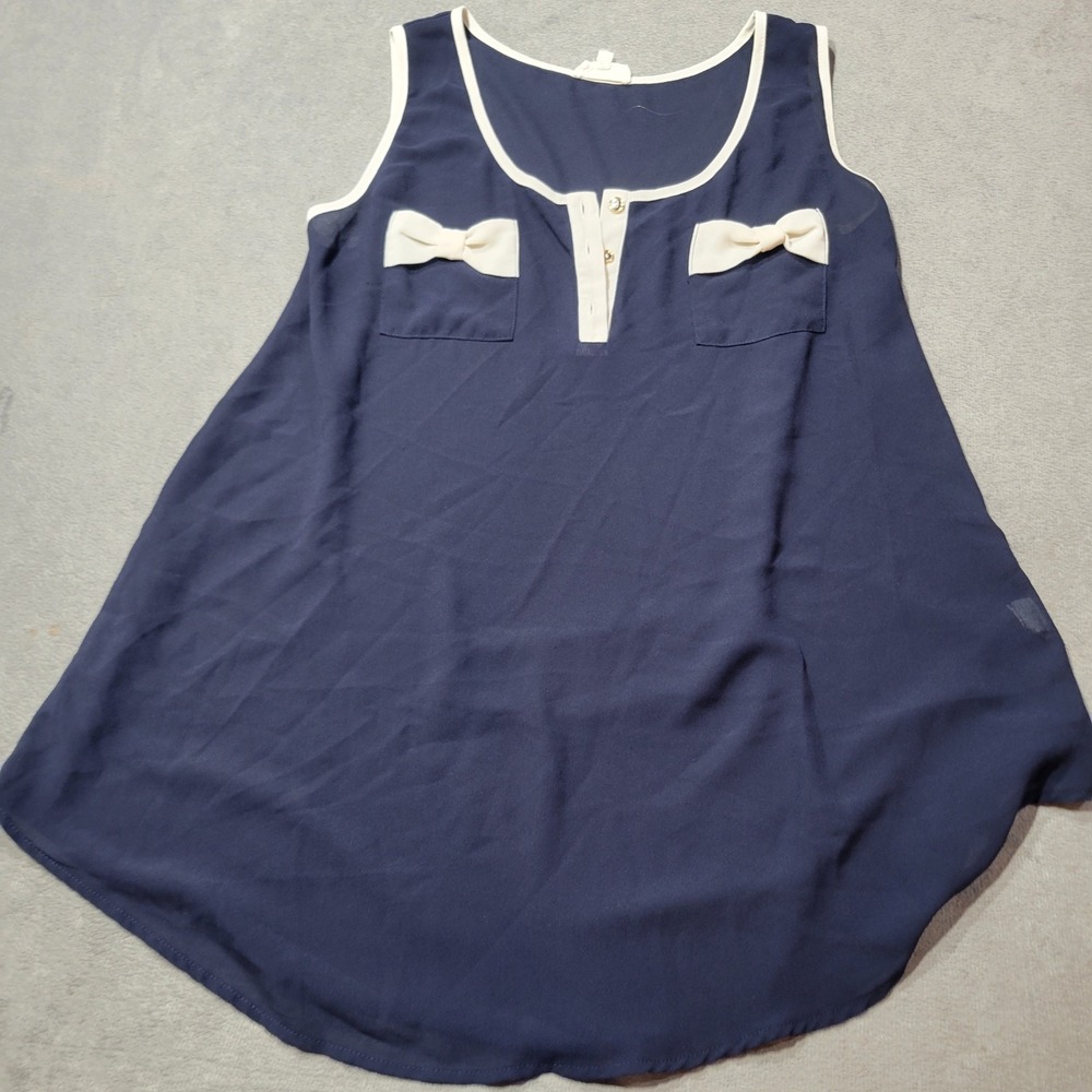 Siren Lily Maternity Blouse Womens Large Navy Blue White Bow Accent Chiffon Top